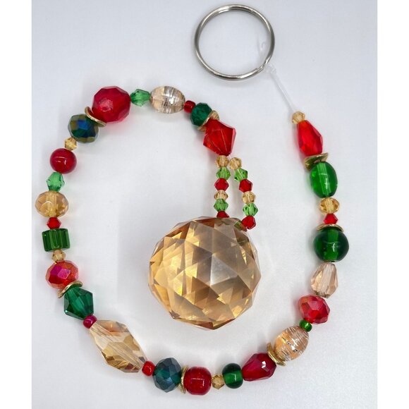 Beaded Christmas Suncatcher Red Green Gold Crystal Prism Hanging Patio Decor - Picture 2 of 10